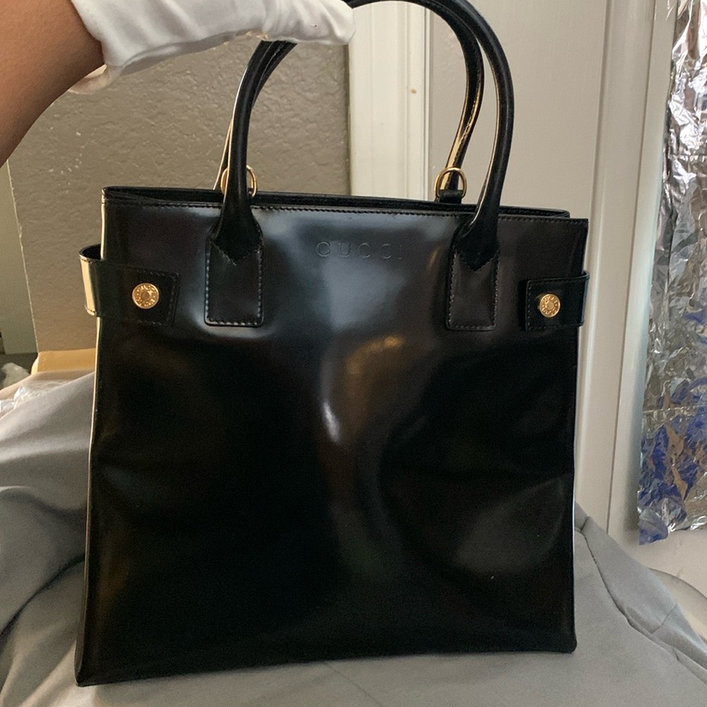 Authentic Gucci Black Patent Leather Handbag with Gold Accents! (Vintage)